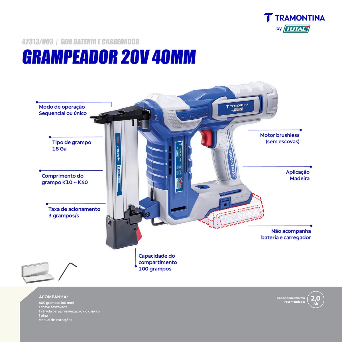 Grampeador 20V 40 mm Brushless Tramontina by Total - Sem Bateria e Carregador