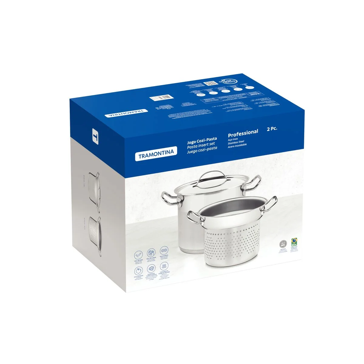 Jogo Cozi-Pasta Tramontina Professional em Aço Inox Fundo Triplo com Tampa Plana Detalhe Satinado 2 Peças 20 cm