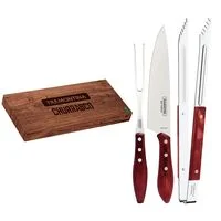 Jogo Trinchante Tramontina com Lâminas em Aço Inox e Cabos de Madeira Tratada Polywood Vermelho 03 Peças