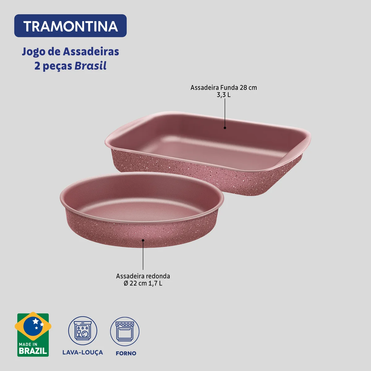 Jogo de Assadeiras Tramontina Brasil em Alumínio com Revestimento Interno e Externo em Antiaderente Starflon Max Rosa 02 Peças