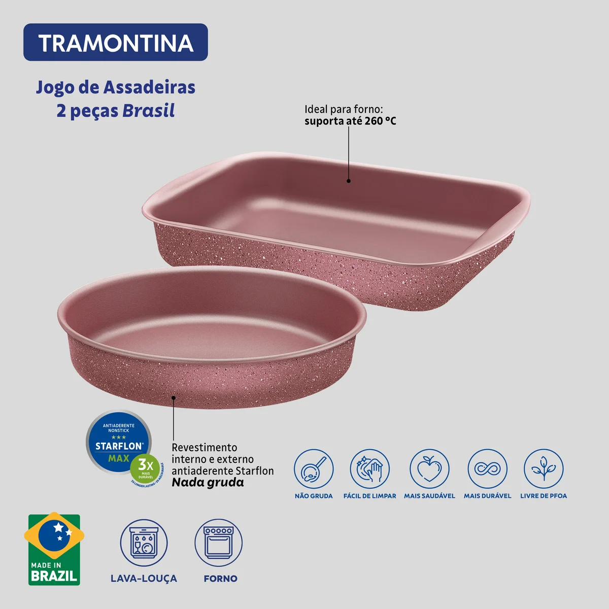 Jogo de Assadeiras Tramontina Brasil em Alumínio com Revestimento Interno e Externo em Antiaderente Starflon Max Rosa 02 Peças