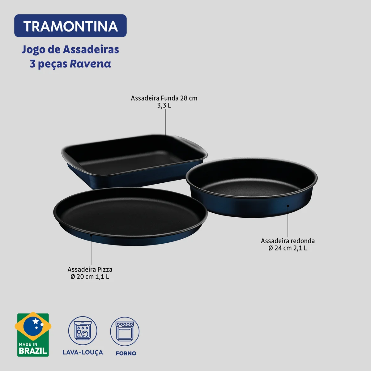 Jogo de Assadeiras Tramontina Ravena em Alumínio com Revestimento Interno e Externo em Antiaderente Starflon Max 03 Peças