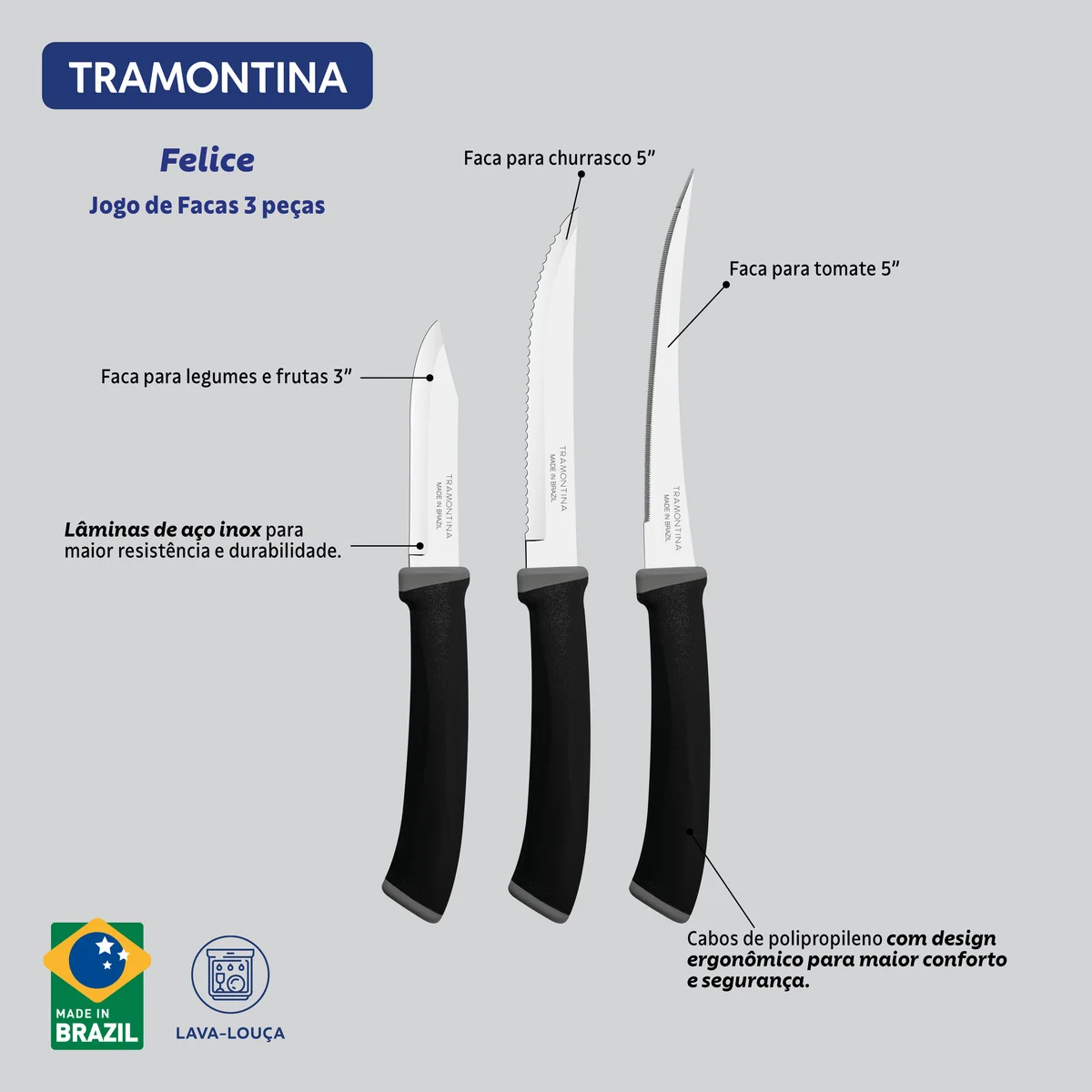 Jogo de Facas Tramontina Felice com Lâminas de Aço Inox e Cabos em Polipropileno Preto 03 Peças
