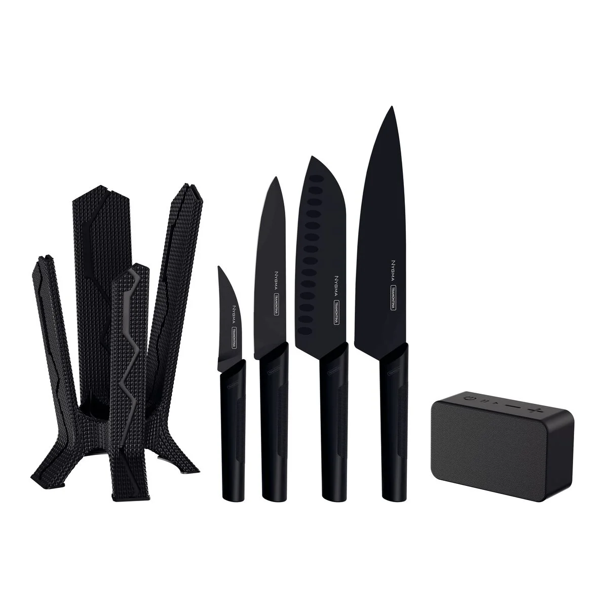 Jogo de Facas Tramontina Nygma com Lâmina em Aço Inox e Cabos de Polipropileno Preto com Suporte e Caixa de Som 06 Peças