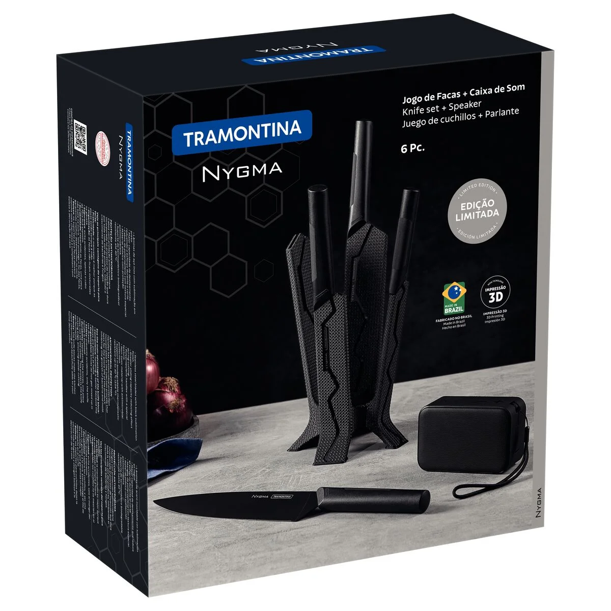 Jogo de Facas Tramontina Nygma com Lâmina em Aço Inox e Cabos de Polipropileno Preto com Suporte e Caixa de Som 06 Peças