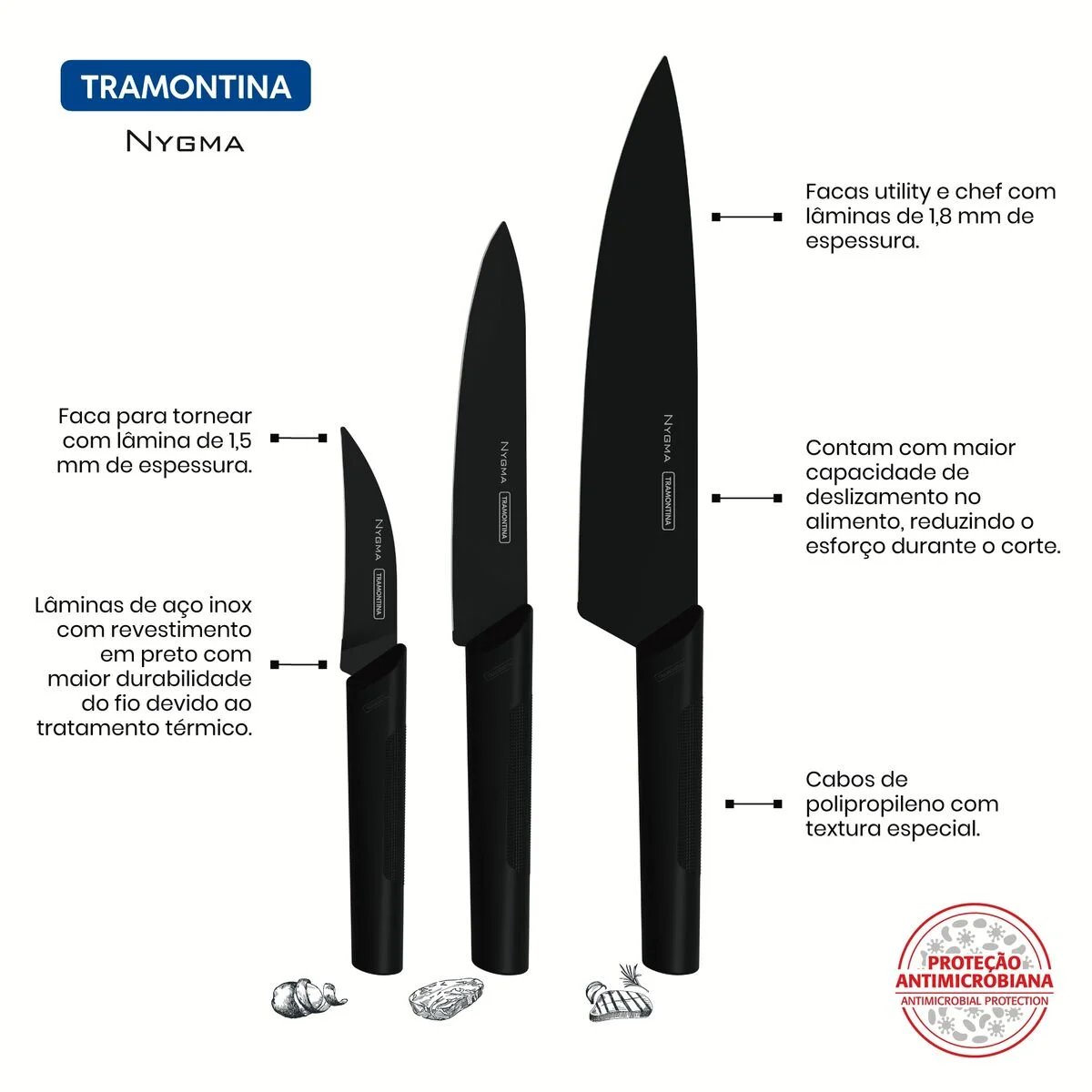 Jogo de Facas Tramontina Nygma com Lâminas em Aço Inox e Cabos de Polipropileno Texturizados Preto 3 Peças