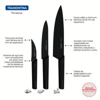 Jogo de Facas Tramontina Nygma com Lâminas em Aço Inox e Cabos de Polipropileno Texturizados Preto 3 Peças