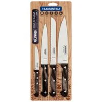 Jogo de Facas Tramontina Polywood com Lâminas em Aço Inox e Cabos de Madeira Tratada Castanho 4 Peças