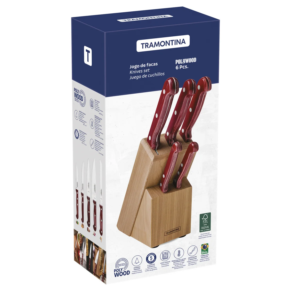 Jogo de Facas Tramontina Polywood com Lâminas em Aço Inox e Cabos de Madeira Tratada Castanho com Suporte de Madeira 6 Peças