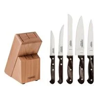 Jogo de Facas Tramontina Polywood com Lâminas em Aço Inox e Cabos de Madeira Tratada Castanho com Suporte de Madeira 6 Peças
