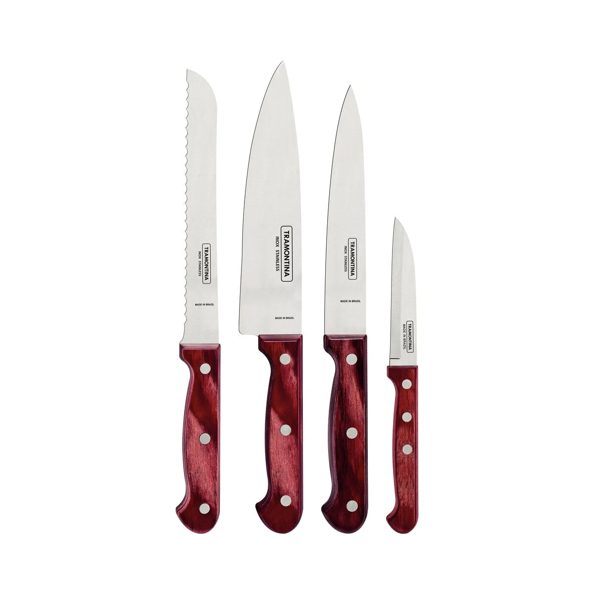 Jogo de Facas Tramontina Polywood com Lâminas em Aço Inox e Cabos de Madeira Tratada Vermelho 4 Peças