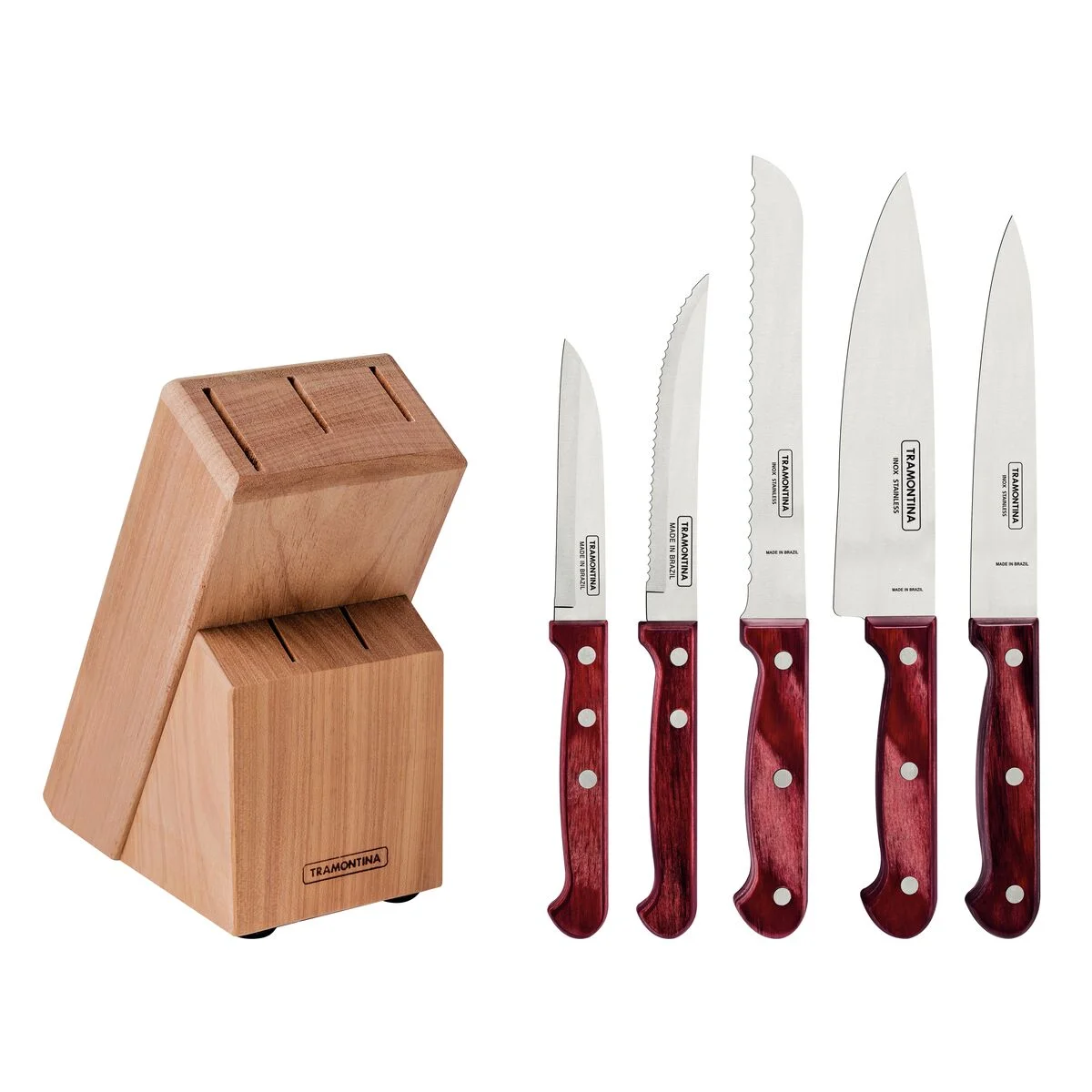 Jogo de Facas Tramontina Polywood com Lâminas em Aço Inox e Cabos de Madeira Tratada Vermelho com Suporte de Madeira 6 Peças