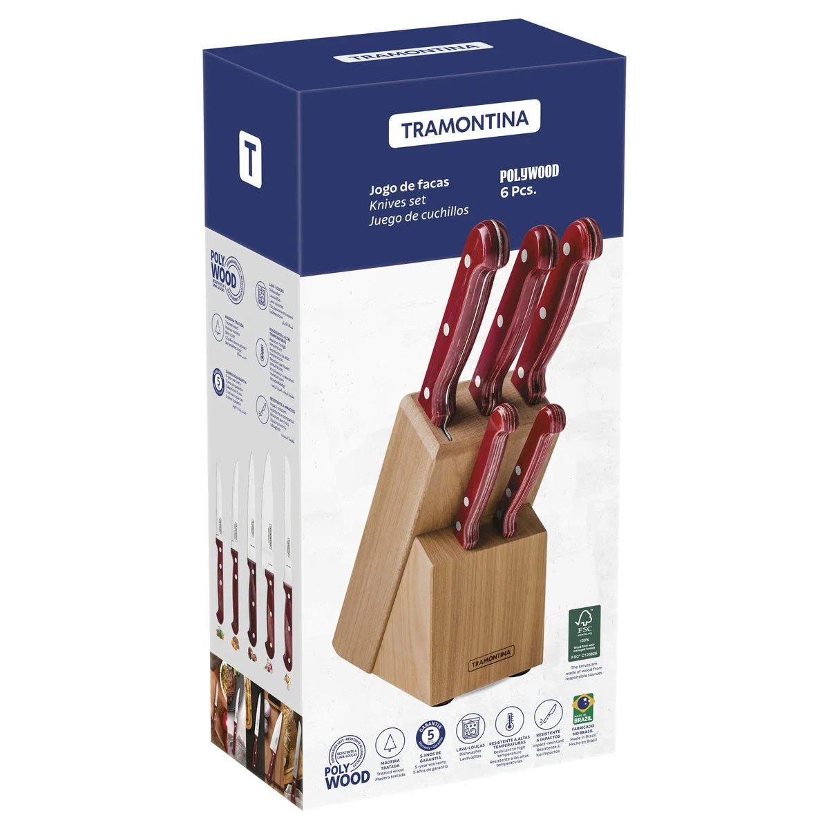 Jogo de Facas Tramontina Polywood com Lâminas em Aço Inox e Cabos de Madeira Tratada Vermelho com Suporte de Madeira 6 Peças
