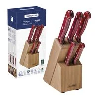 Jogo de Facas Tramontina Polywood com Lâminas em Aço Inox e Cabos de Madeira Tratada Vermelho com Suporte de Madeira 6 Peças