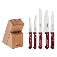 Jogo de Facas Tramontina Polywood com Lâminas em Aço Inox e Cabos de Madeira Tratada Vermelho com Suporte de Madeira 6 Peças