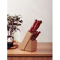 Jogo de Facas Tramontina Polywood com Lâminas em Aço Inox e Cabos de Madeira Tratada Vermelho com Suporte de Madeira 6 Peças