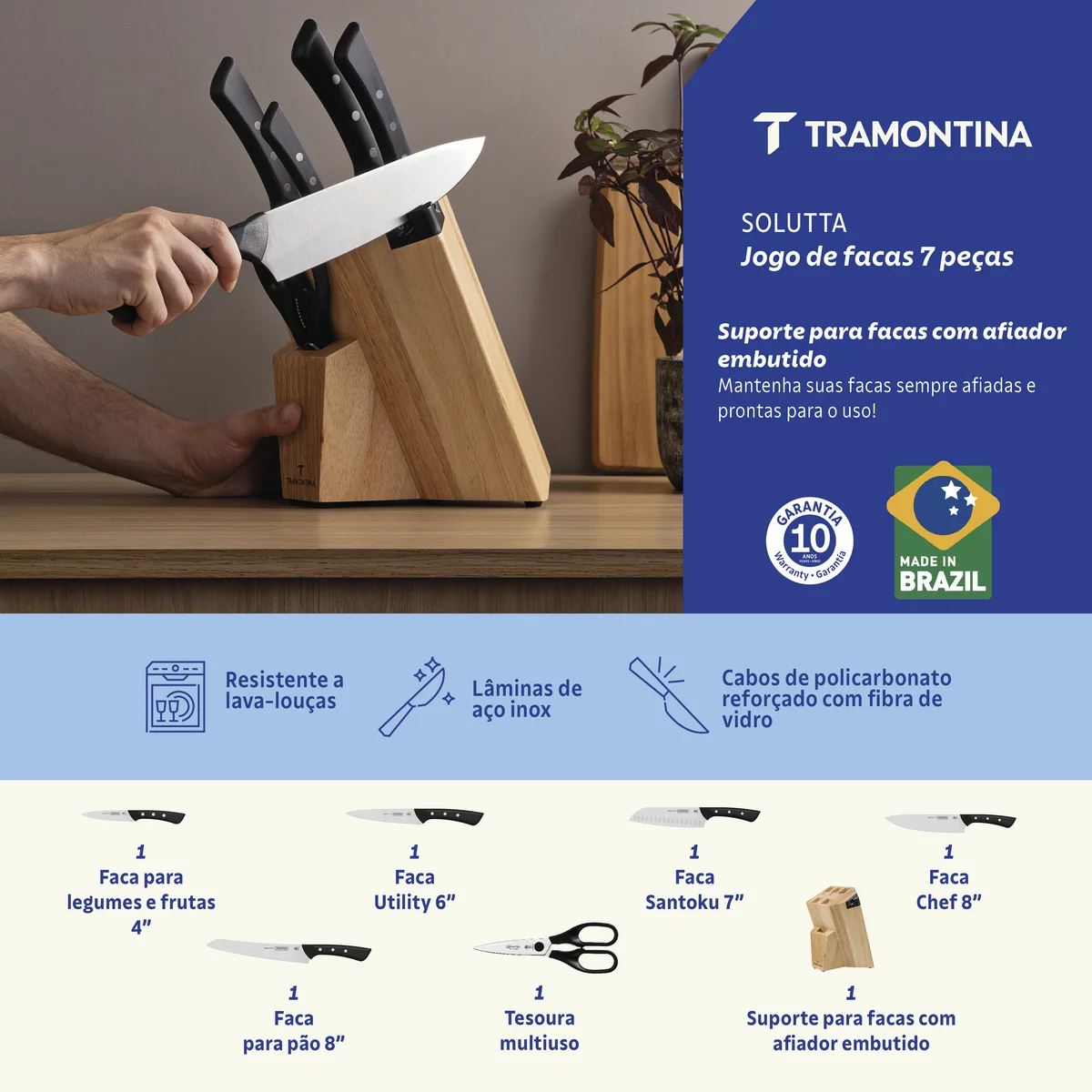 Jogo de Facas Tramontina Solutta com Lâminas em Aço Inox e Cabos em Policarbonato e Fibra de Vidro com Suporte em Madeira 7 Peças