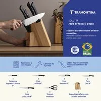Jogo de Facas Tramontina Solutta com Lâminas em Aço Inox e Cabos em Policarbonato e Fibra de Vidro com Suporte em Madeira 7 Peças