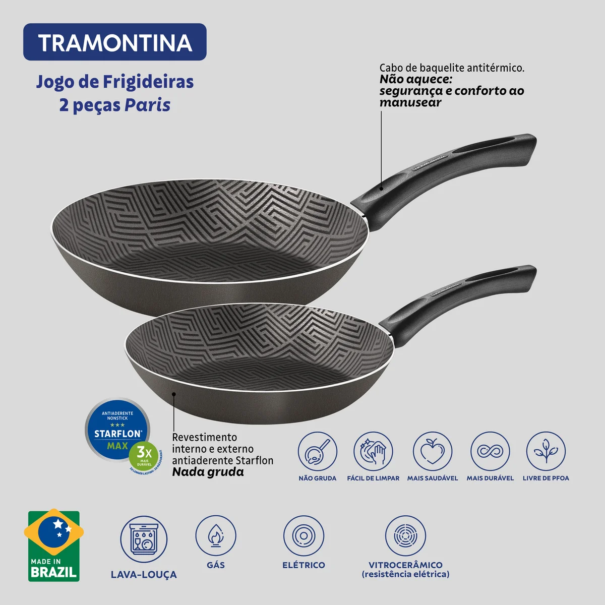 Jogo de Frigideiras Tramontina Paris em Alumínio com Revestimento Interno e Externo Antiaderente Starflon Max Chumbo 2 Peças