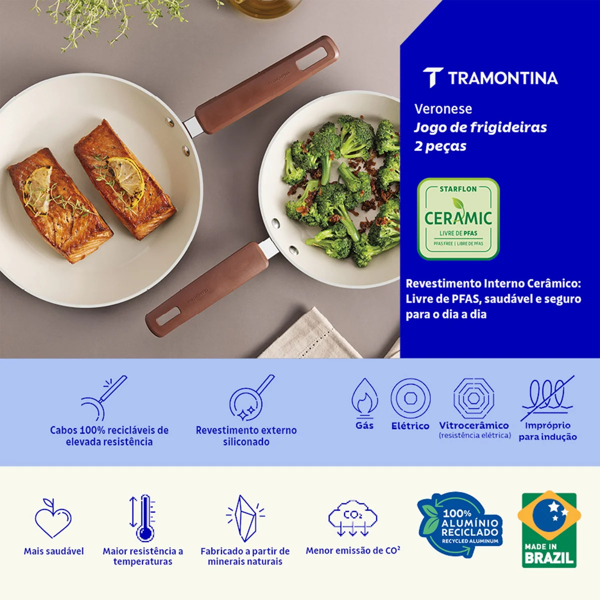 Jogo de Frigideiras Tramontina Veronese em Alumínio Reciclado com Revestimento Interno Cerâmico e Externo Siliconado Argila 2 Peças