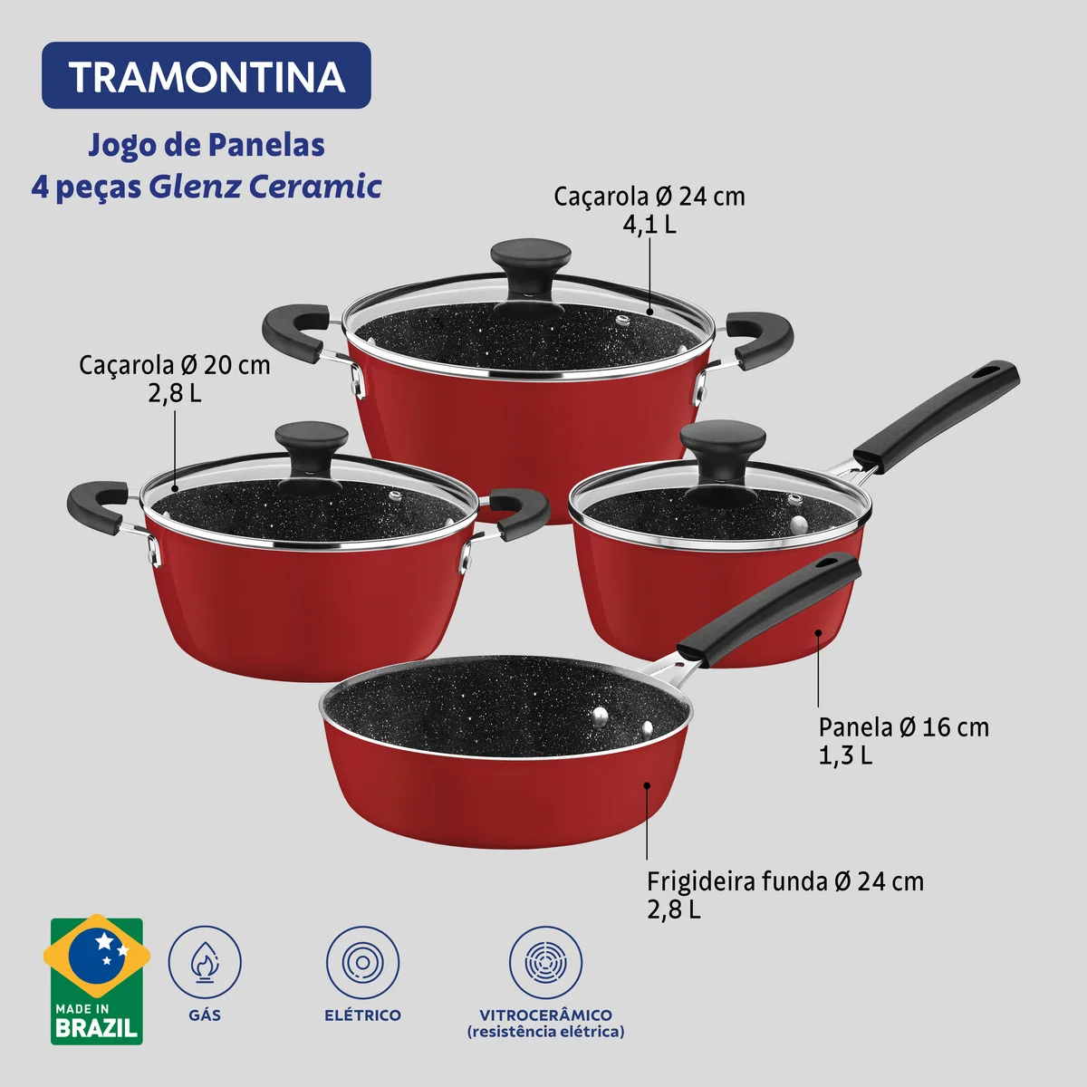 Jogo de Panelas Tramontina Glenz em Alumínio com Revestimento Interno Cerâmico e Externo Siliconado Vermelho 4 Peças
