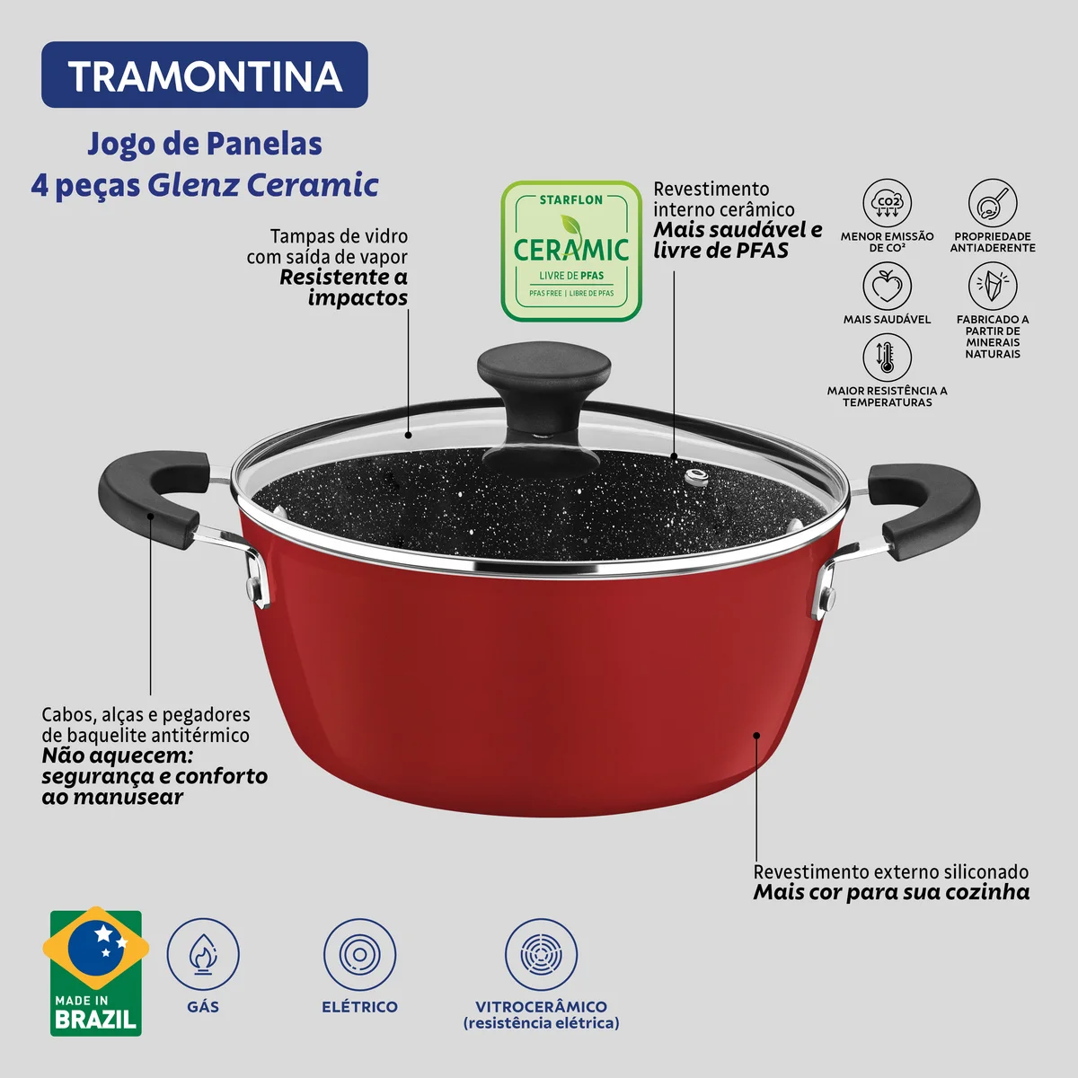 Jogo de Panelas Tramontina Glenz em Alumínio com Revestimento Interno Cerâmico e Externo Siliconado Vermelho 4 Peças