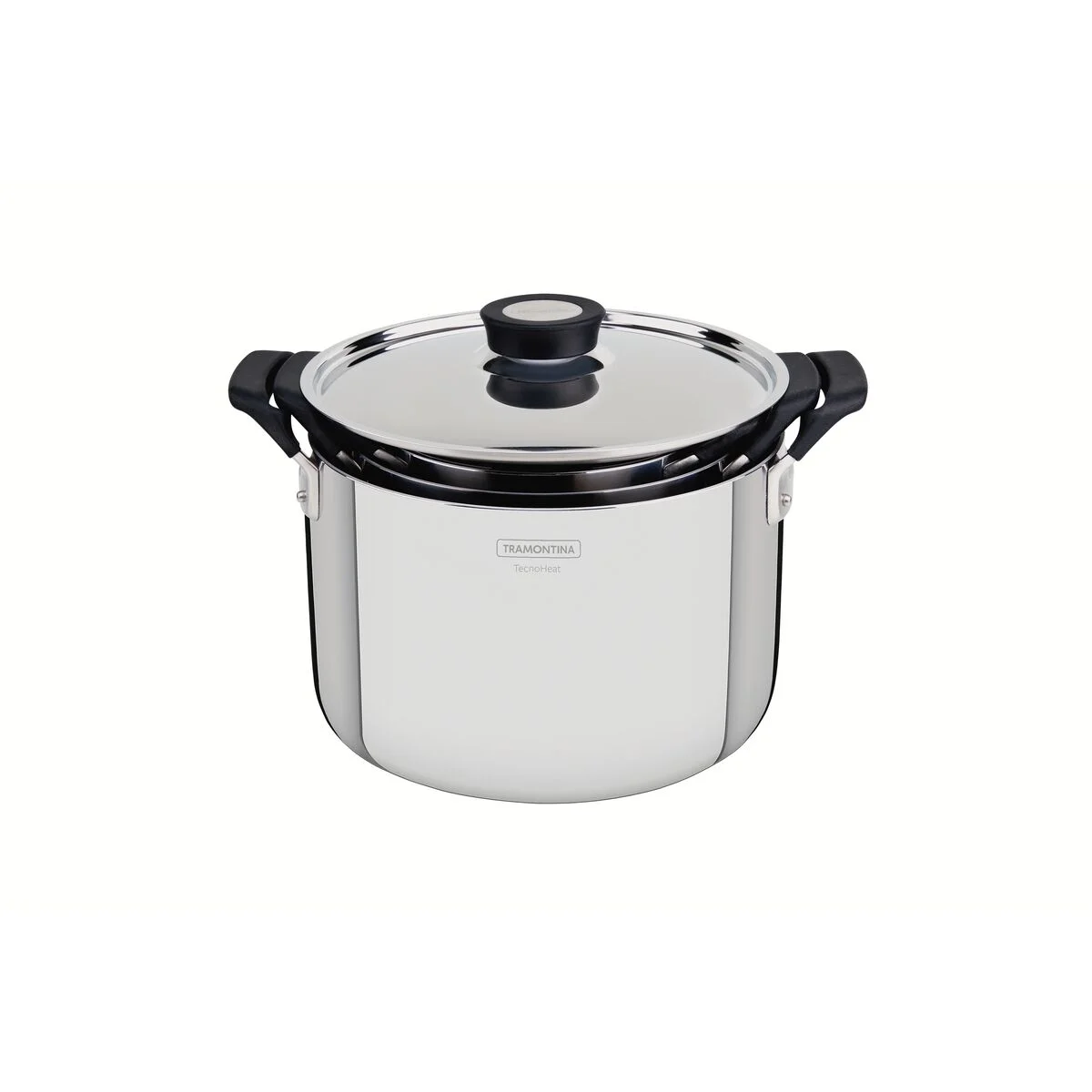 Jogo de Panelas Tramontina Grano Compact em Aço Inox com Corpo Triplo e Alças com Revestimento em Silicone Preto 3 Peças