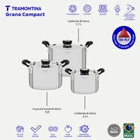 Jogo de Panelas Tramontina Grano Compact em Aço Inox com Corpo Triplo e Alças com Revestimento em Silicone Preto 3 Peças