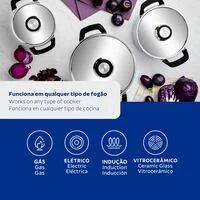 Jogo de Panelas Tramontina Grano Compact em Aço Inox com Corpo Triplo e Alças com Revestimento em Silicone Preto 3 Peças