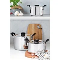Jogo de Panelas Tramontina Grano Compact em Aço Inox com Corpo Triplo e Alças com Revestimento em Silicone Preto 3 Peças