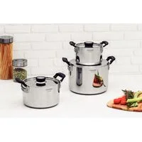 Jogo de Panelas Tramontina Grano Compact em Aço Inox com Corpo Triplo e Alças com Revestimento em Silicone Preto 3 Peças