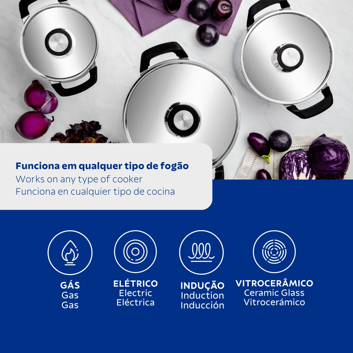 Jogo de Panelas Tramontina Grano Compact em Aço Inox com Corpo Triplo e Alças com Revestimento em Silicone Preto 3 Peças