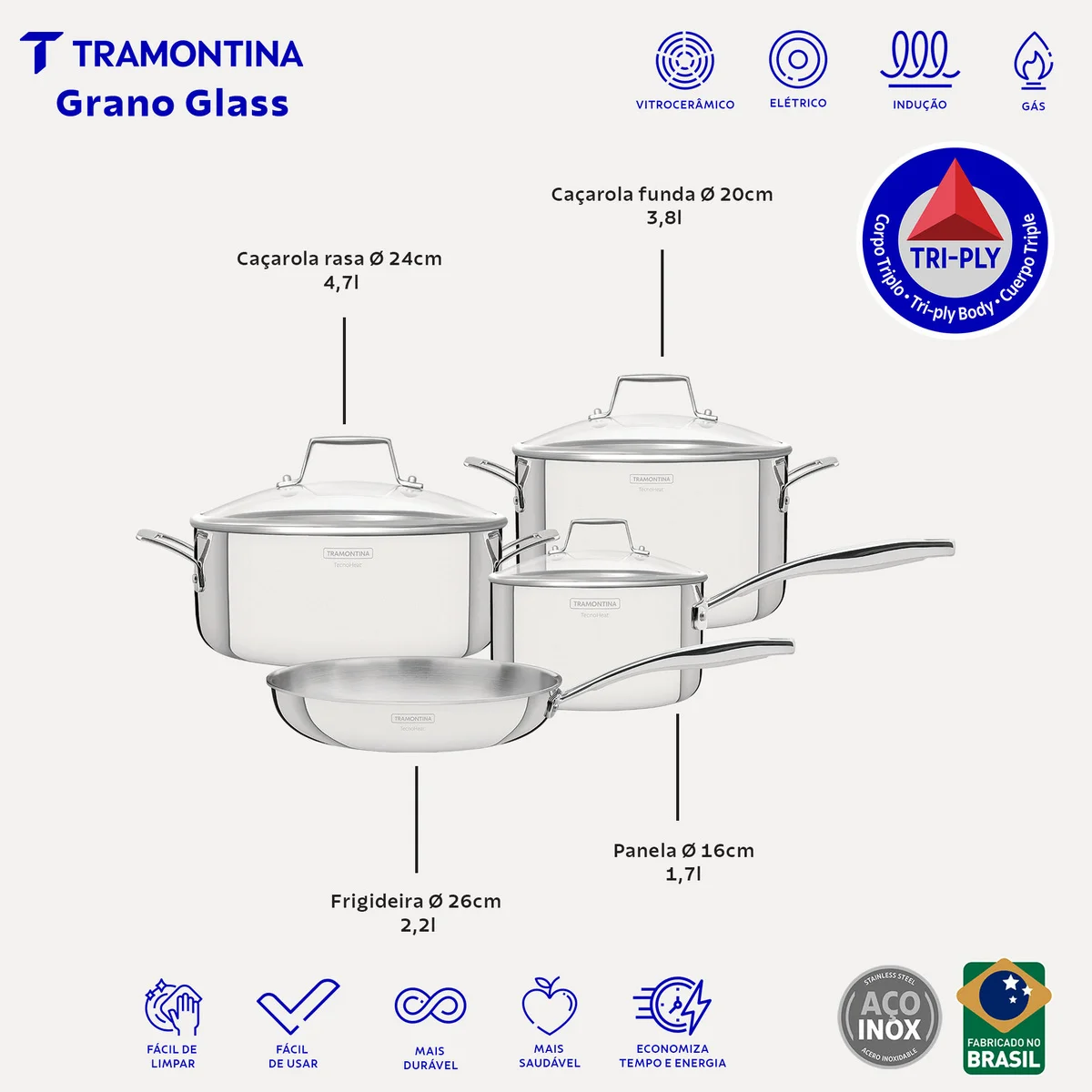 Jogo de Panelas Tramontina Grano Glass em Aço Inox com Corpo Triplo e Tampa de Vidro 4 Peças