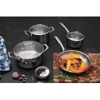Jogo de Panelas Tramontina Grano Glass em Aço Inox com Corpo Triplo e Tampa de Vidro 4 Peças