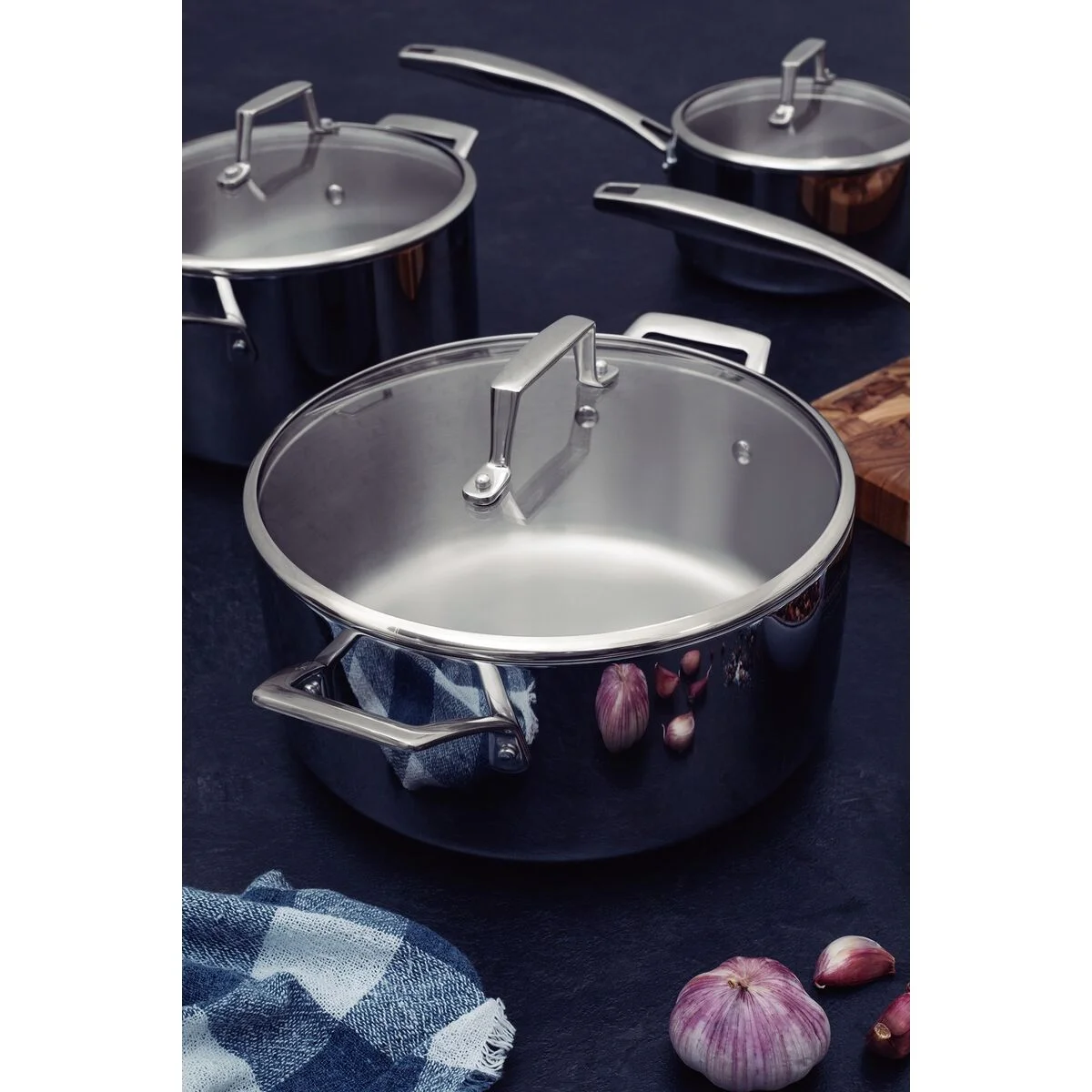 Jogo de Panelas Tramontina Grano Glass em Aço Inox com Corpo Triplo e Tampa de Vidro 4 Peças