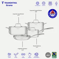 Jogo de Panelas Tramontina Grano em Aço Inox com Corpo Triplo 4 Peças