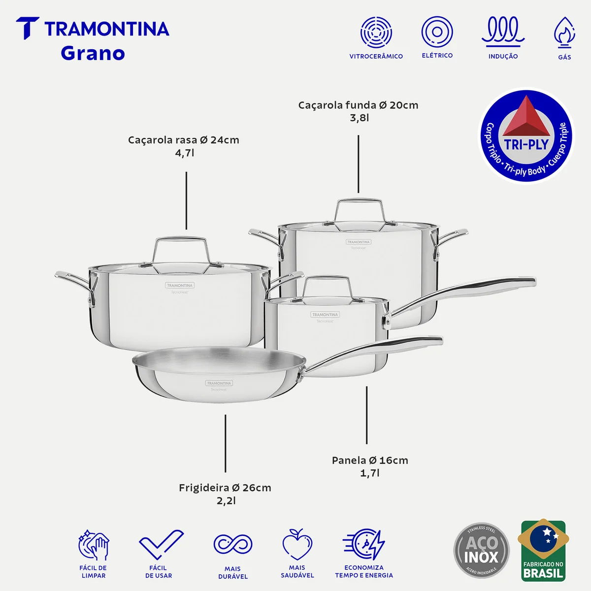Jogo de Panelas Tramontina Grano em Aço Inox com Corpo Triplo 4 Peças