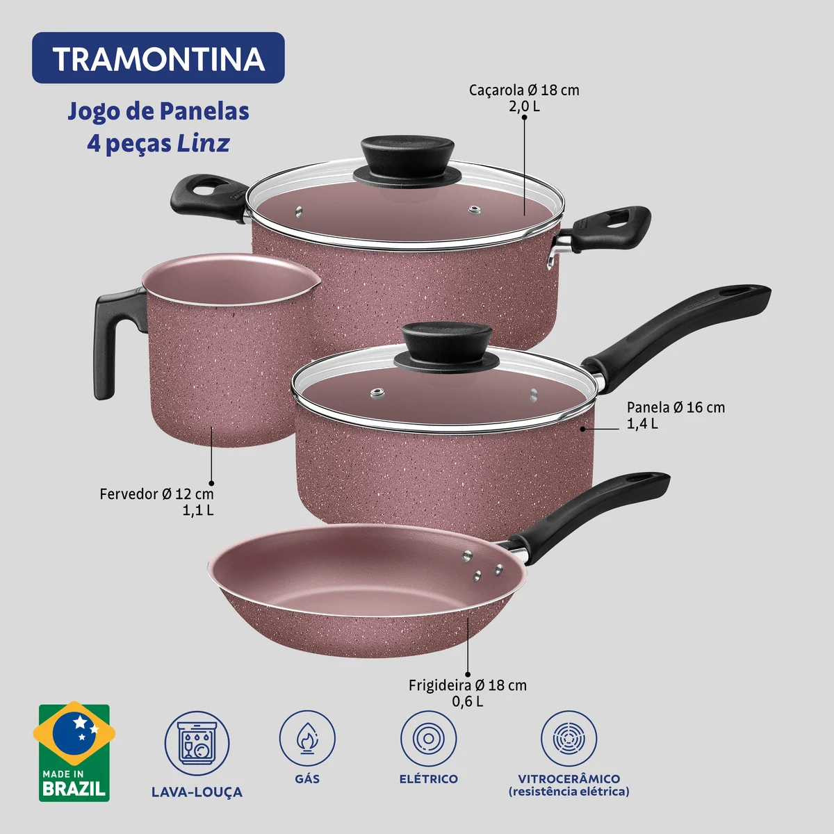 Jogo de Panelas Tramontina Linz em Aluminio com Revestimento Interno e Externo em Antiaderente Starflon Max Rosa 4 Peças