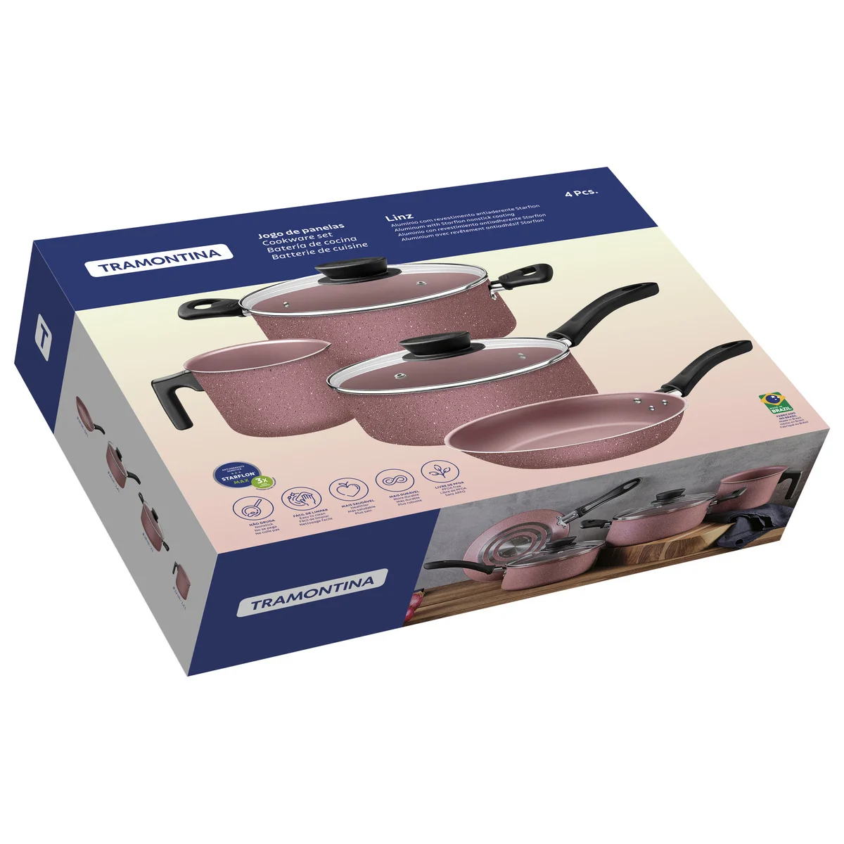 Jogo de Panelas Tramontina Linz em Aluminio com Revestimento Interno e Externo em Antiaderente Starflon Max Rosa 4 Peças