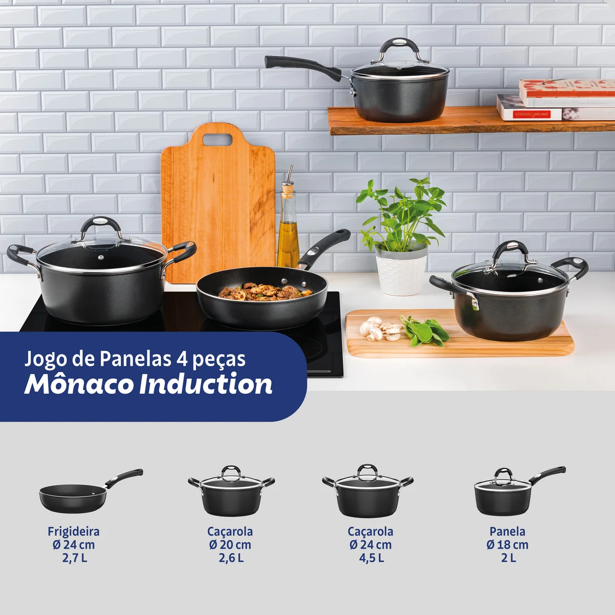 Jogo de Panelas Tramontina Mônaco Induction em Alumínio com Revestimento Interno e Externo Antiaderente Starflon Premium Preto 4 Peças