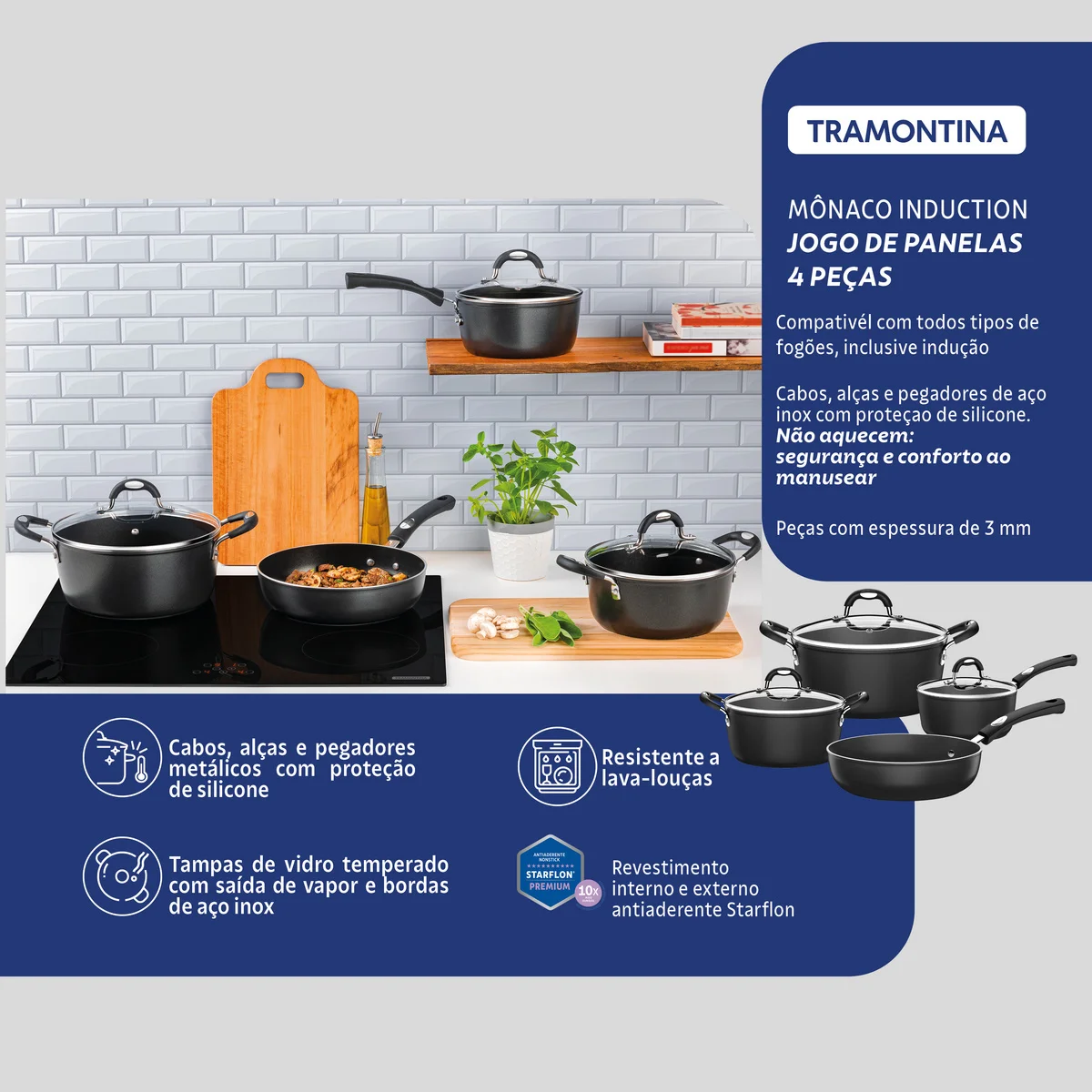 Jogo de Panelas Tramontina Mônaco Induction em Alumínio com Revestimento Interno e Externo Antiaderente Starflon Premium Preto 4 Peças