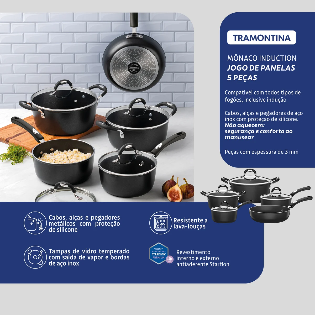 Jogo de Panelas Tramontina Mônaco Induction em Alumínio com Revestimento Interno e Externo Antiaderente Starflon Premium Preto 5 Peças