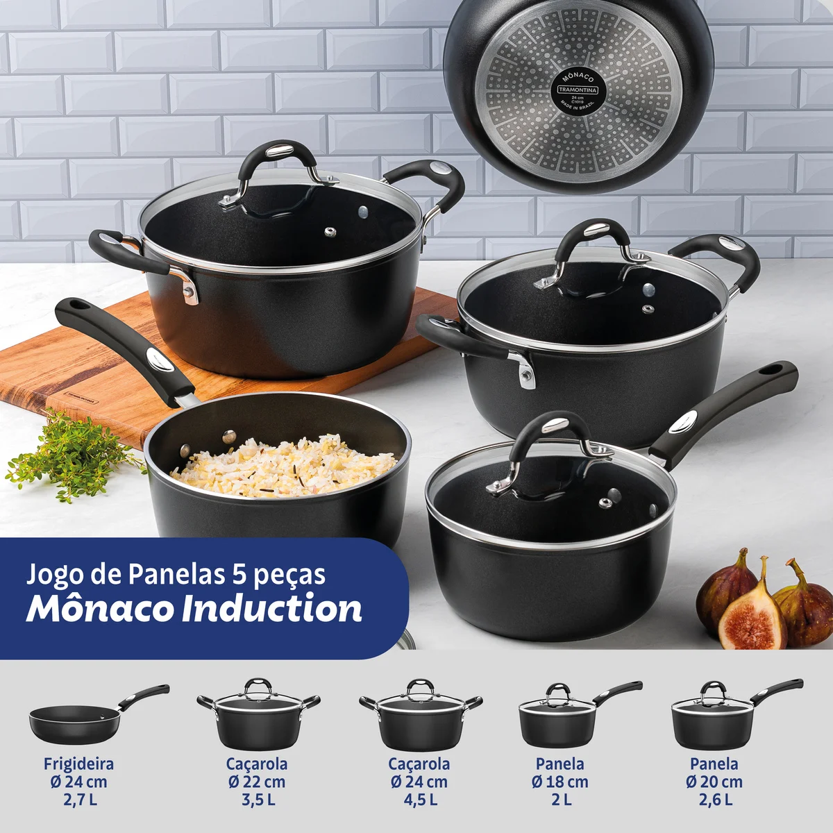 Jogo de Panelas Tramontina Mônaco Induction em Alumínio com Revestimento Interno e Externo Antiaderente Starflon Premium Preto 5 Peças