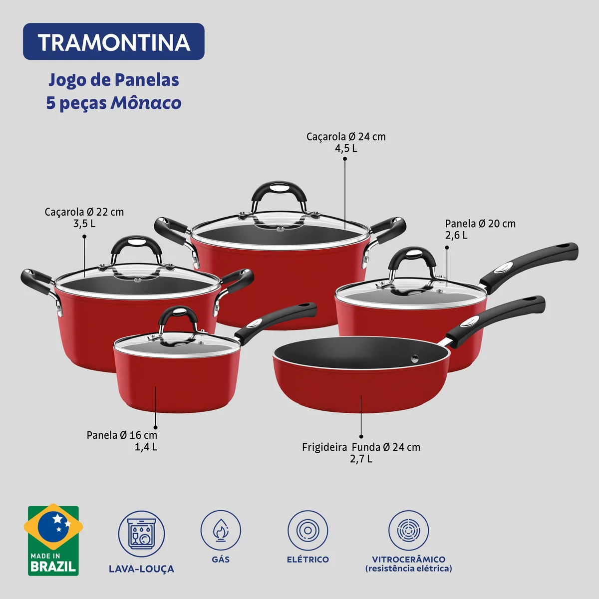 Jogo de Panelas Tramontina Mônaco em Alumínio com Revestimento Interno em Starflon Premium e Externo Siliconado Vermelho 05 Peças