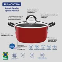 Jogo de Panelas Tramontina Mônaco em Alumínio com Revestimento Interno em Starflon Premium e Externo Siliconado Vermelho 05 Peças