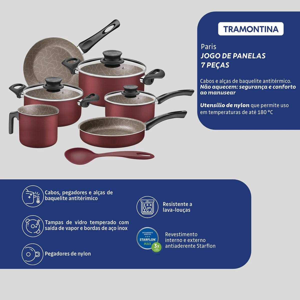 Jogo de Panelas Tramontina Paris em Alumínio com Revestimento Interno e Externo Antiaderente Starflon Max Vermelho 7 Peças