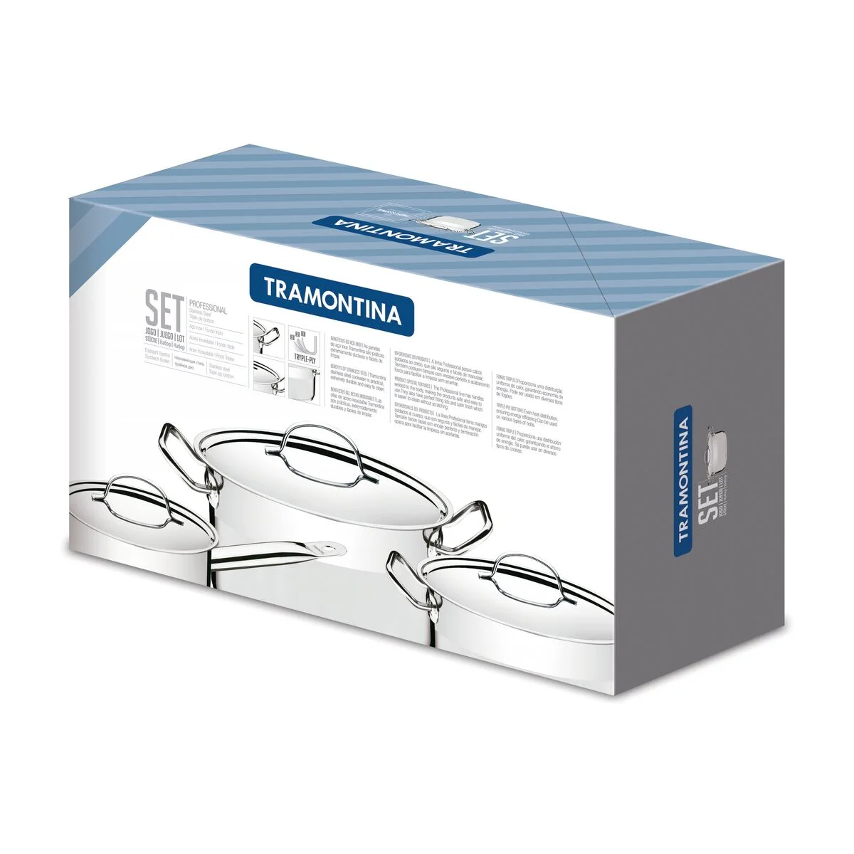 Jogo de Panelas Tramontina Professional em Aço Inox Fundo Triplo com Tampa Plana Detalhe Satinado 5 Peças
