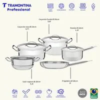Jogo de Panelas Tramontina Professional em Aço Inox Fundo Triplo com Tampa Plana Detalhe Satinado 5 Peças