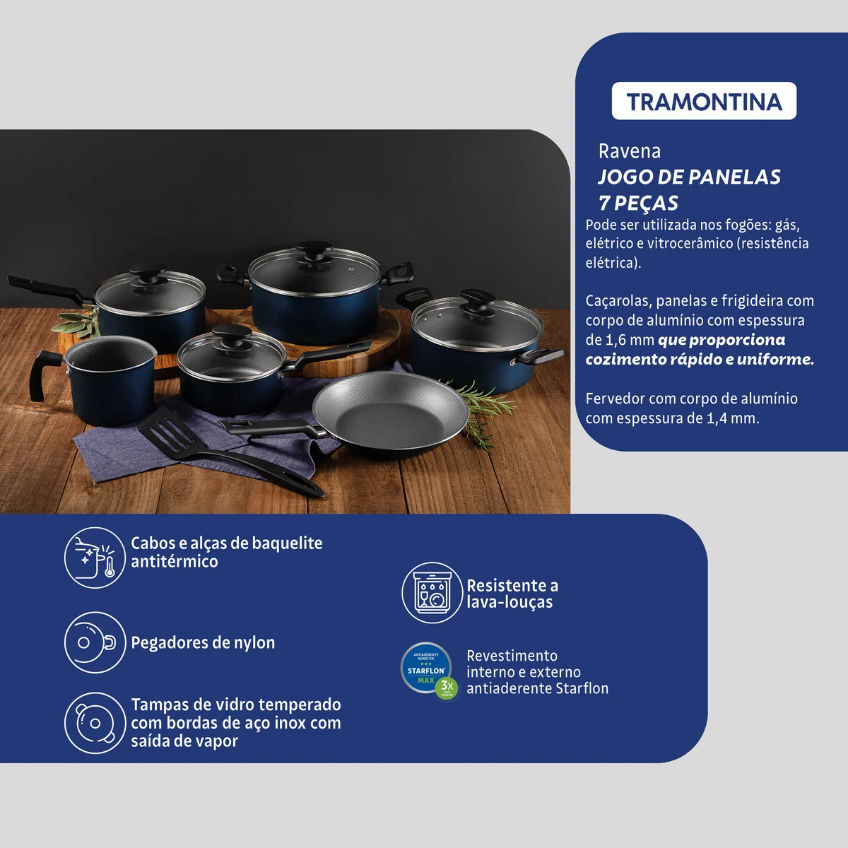 Jogo de Panelas Tramontina Ravena em Alumínio com Revestimento Interno e Externo Antiaderente Starflon Max Azul 7 Peças