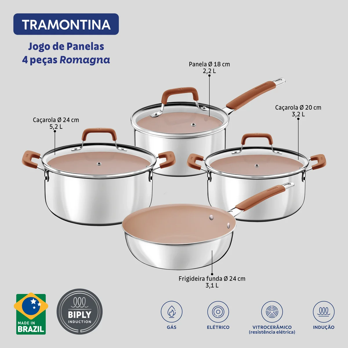 Jogo de Panelas Tramontina Romagna em Aço Inox e Alumínio com Revestimento Interno Cerâmico Marfim 4 peças
